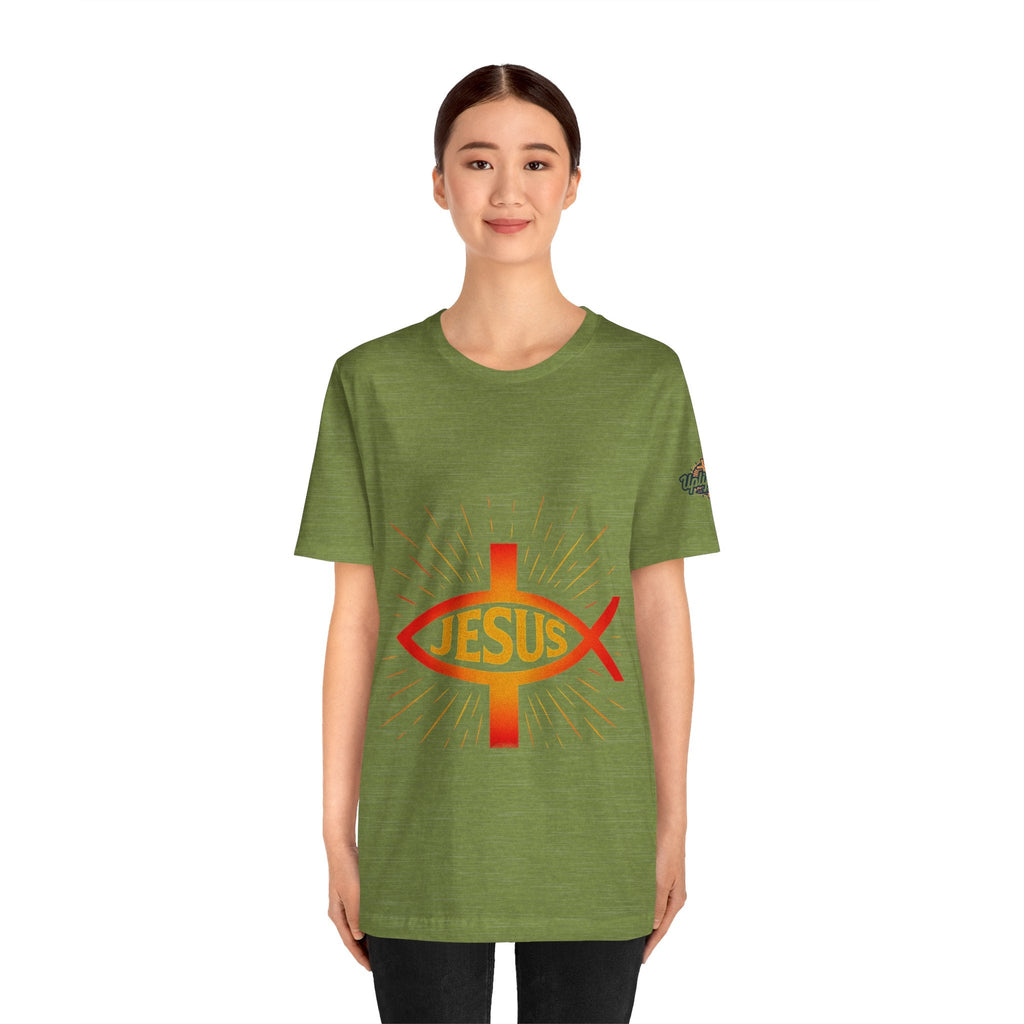 Jesus Ichthys T-shirt – Christian Fish Symbol with Cross & Jesus Inscription T-shirt for Eternal Faith & Streetwear Printify