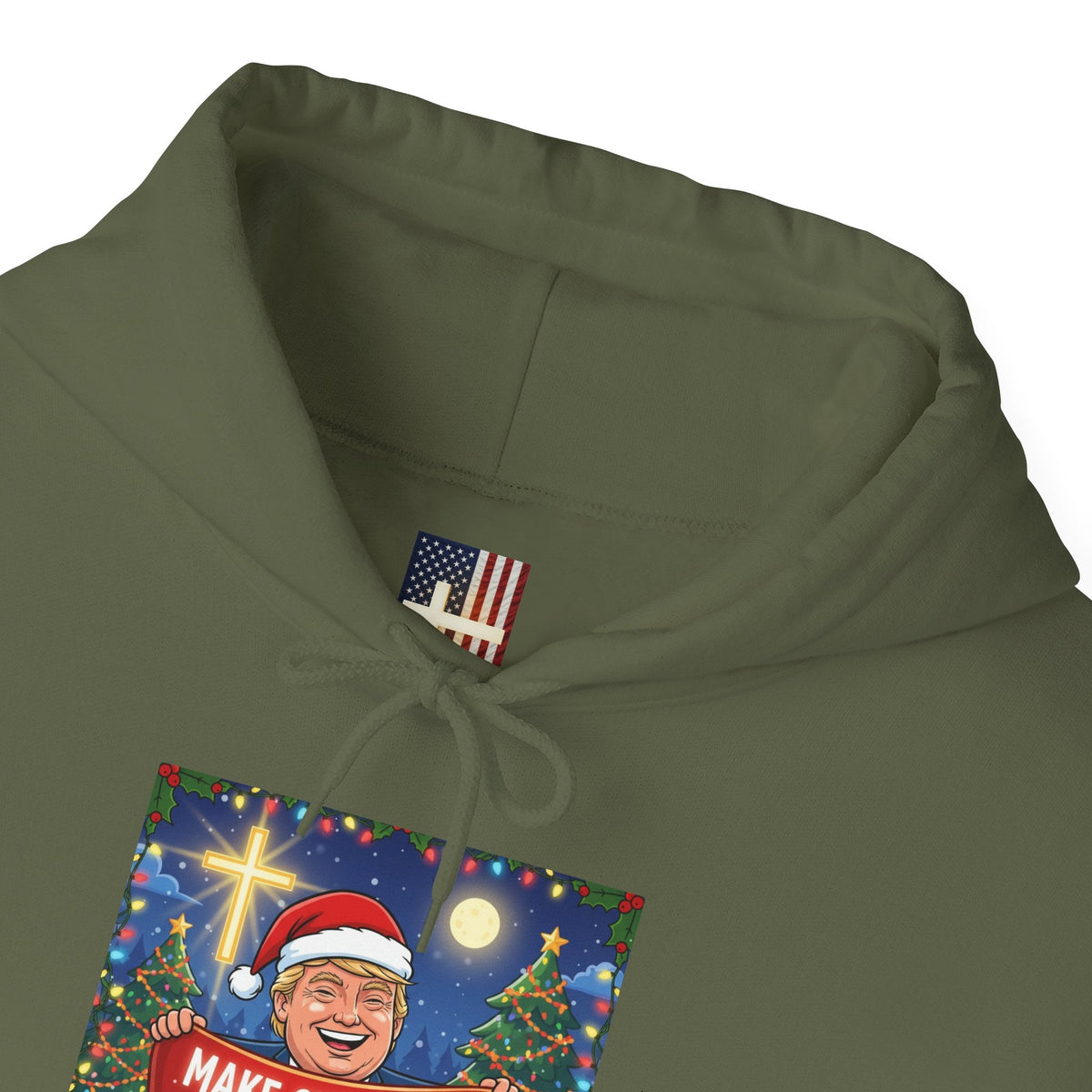 🎄 Make Christmas Great Again – Patriotic Christian Christmas Hoodie | Bold Holiday Faith Tee | Red & White Banner Design | Uplifted Gear Printify