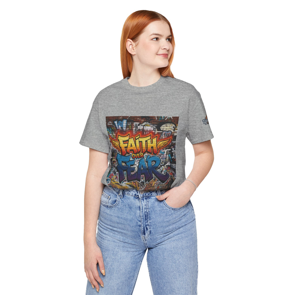 Faith Over Fear T-shirt – Graffiti Wall Christian T-shirt for Bold 2 Corinthians 5:7 Streetwear & Unshakable Faith Printify