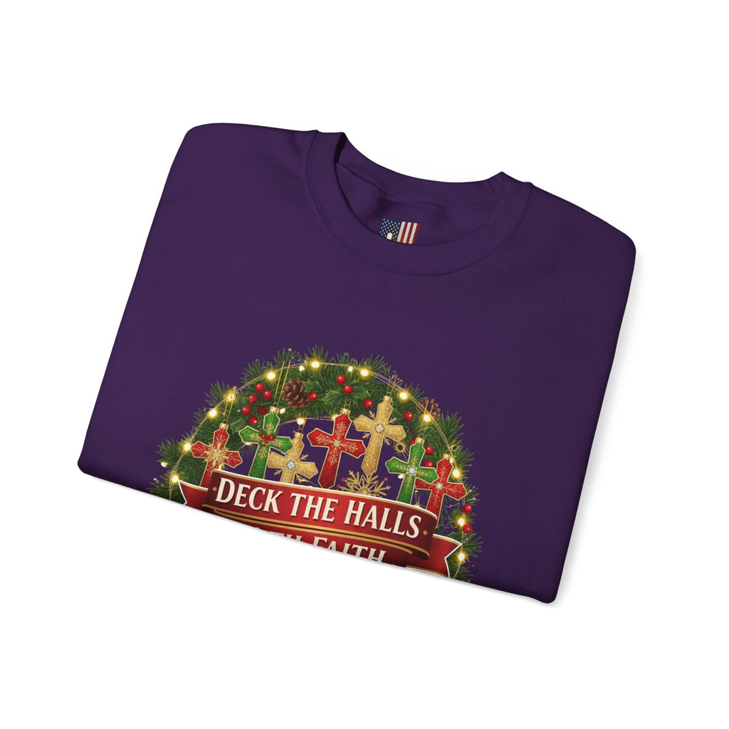 🎄 Deck the Halls with Faith – Christian Christmas Sweatshirt | Cross Ornament Design & Festive Garland | Bold Holiday Faith Tee by Uplifted Gear Printify