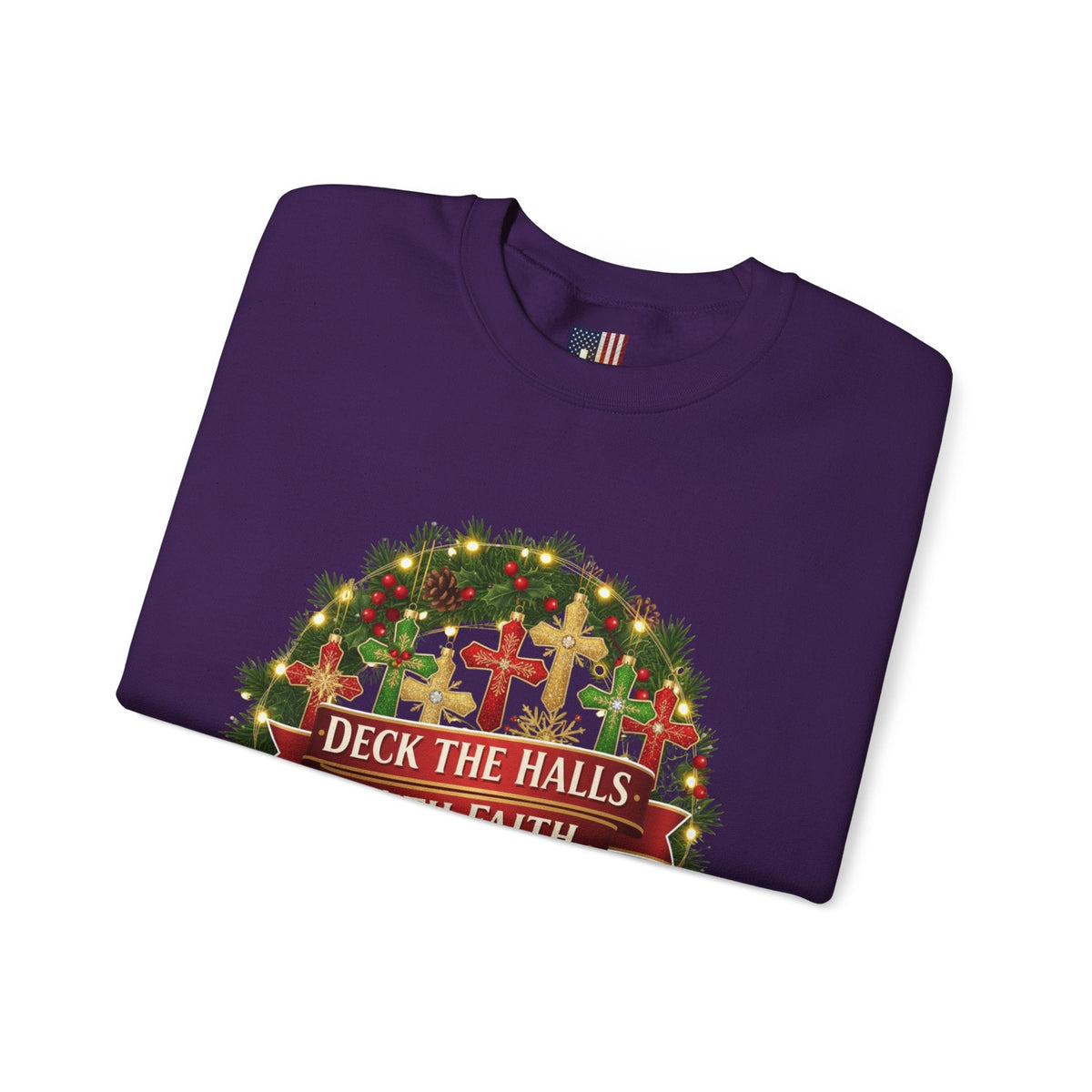 🎄 Deck the Halls with Faith – Christian Christmas Sweatshirt | Cross Ornament Design & Festive Garland | Bold Holiday Faith Tee by Uplifted Gear Printify