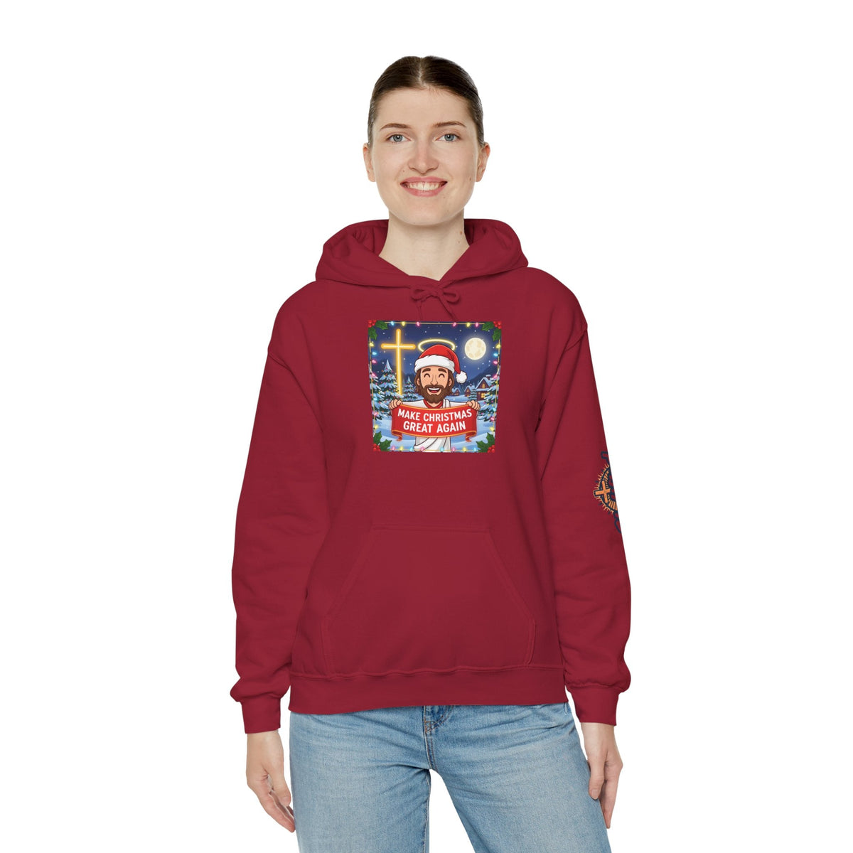 🎄 Make Christmas Great Again – Funny Christian Hoodie | Jesus Holding Banner | Faith-Based Holiday Parody Tee | Uplifted Gear Printify