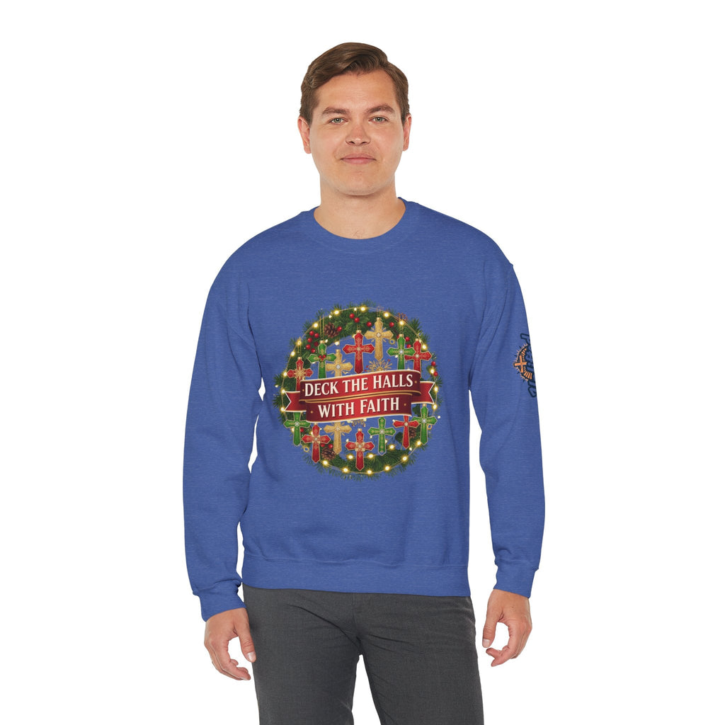 🎄 Deck the Halls with Faith – Christian Christmas Sweatshirt | Cross Ornament Design & Festive Garland | Bold Holiday Faith Tee by Uplifted Gear Printify