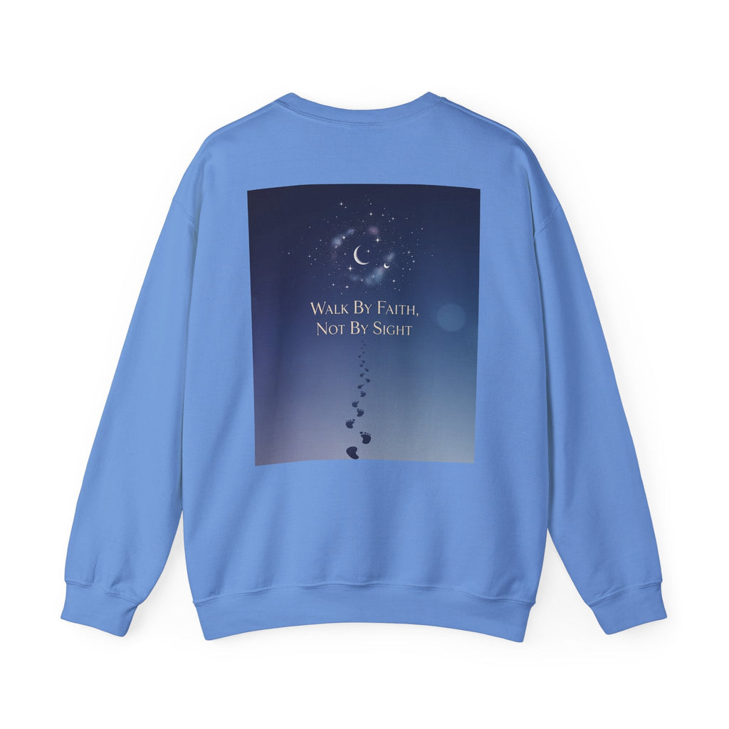 Walk by Faith, Not by Sight Sweatshirt – Moonlit Footprints Christian Sweatshirt for Cozy Nights Printify