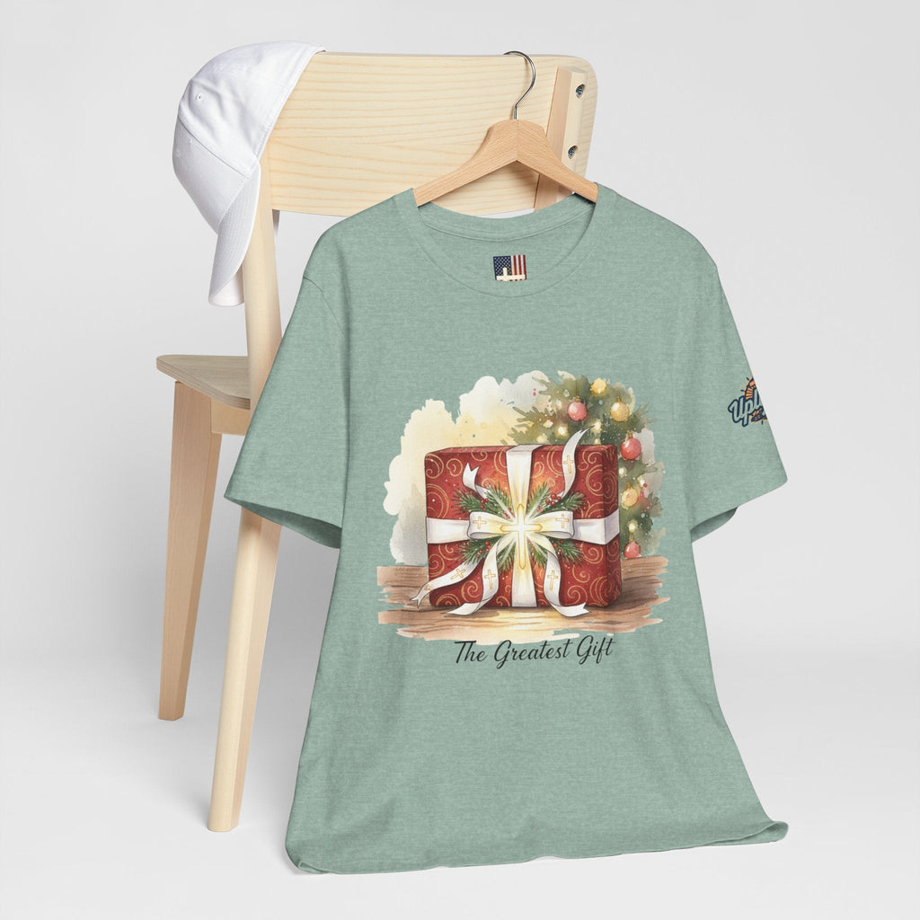 The Greatest Gift T-shirt – Cross Bow Present Christian T-shirt for Christmas Salvation & Eternal Faith Printify