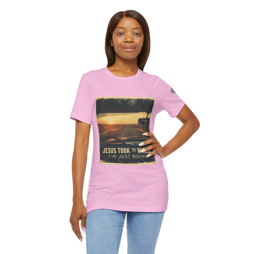 Jesus Took the Wheel I'm Just Riding T-shirt – Funny Christian Convertible Car T-shirt for Surrendered Faith & Humor Printify