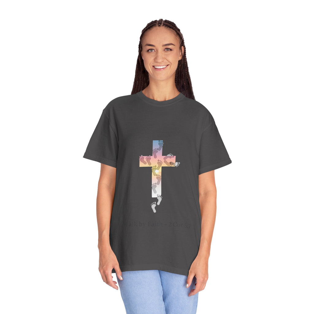Walk by Faith T-Shirt – Cross & Footprints Christian Tee for Bold Believers Printify