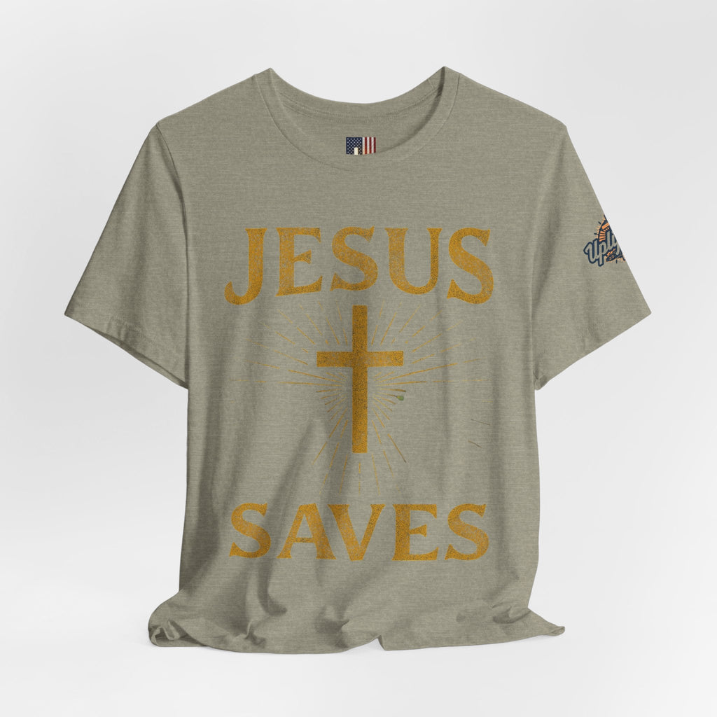 Jesus Saves T-shirt – Radiant Cross & Rays of Light Christian T-shirt for Eternal Hope & Faith Printify
