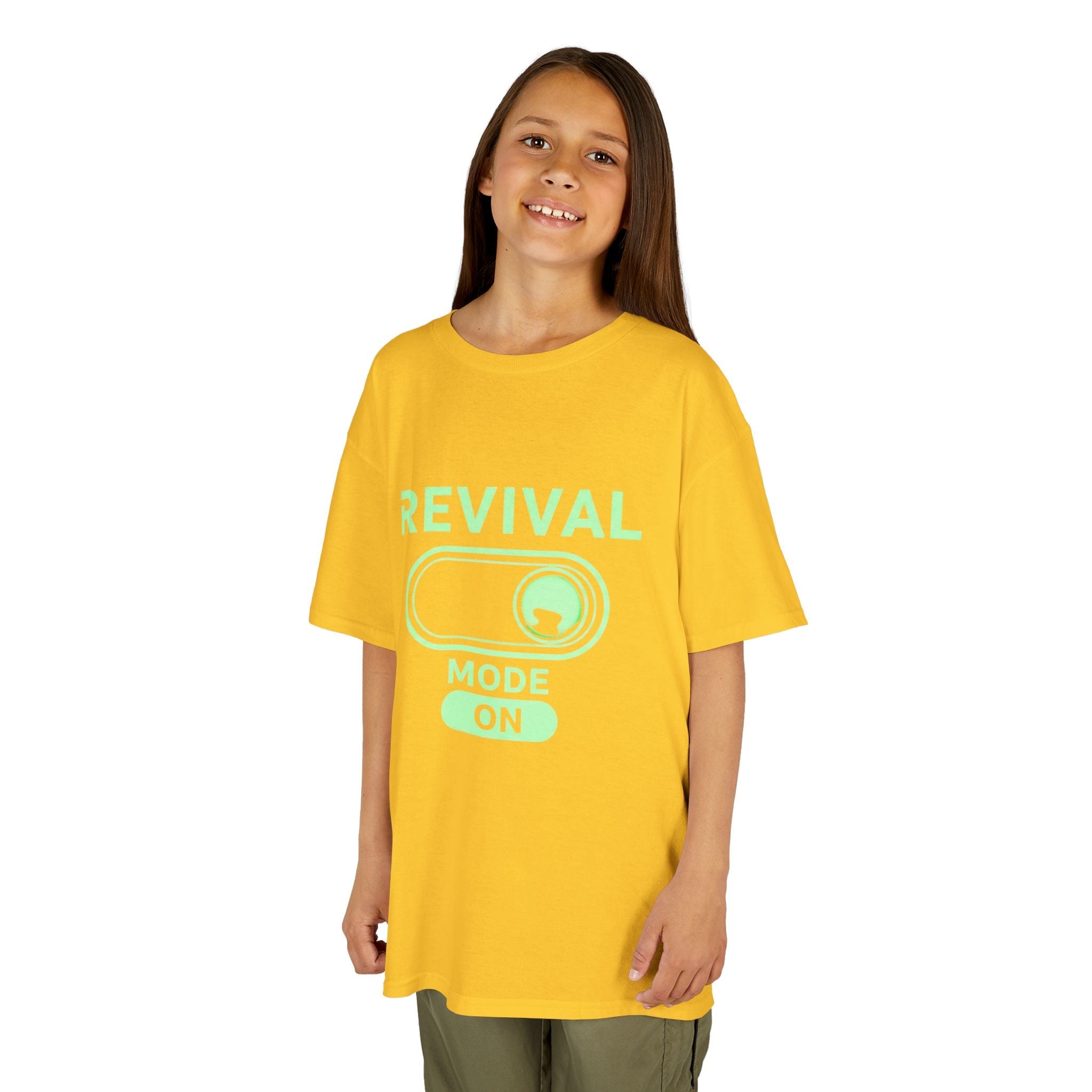 🔥 Revival Mode: ON – Christian Techwear Kids T-Shirt | Glowing Green Faith Switch | Futuristic Jesus Shirt | Activate Your Spiritual Awakening | Uplifted Gear Printify
