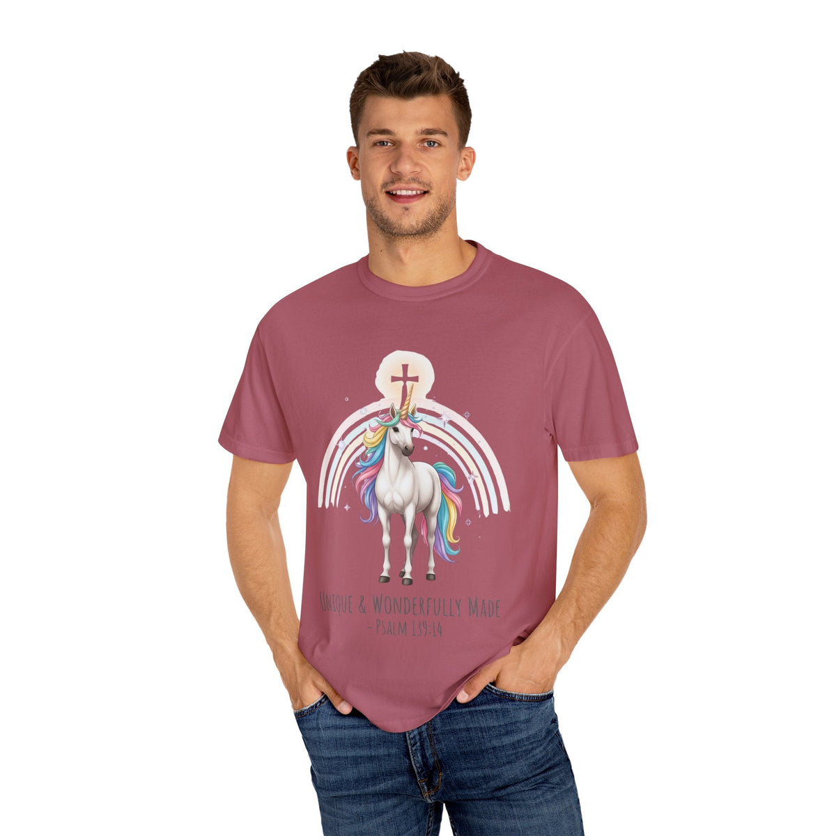 Unique Unicorn Christian T-Shirt – Wonderfully Made with Rainbow Cross & Psalm 139:14 Printify