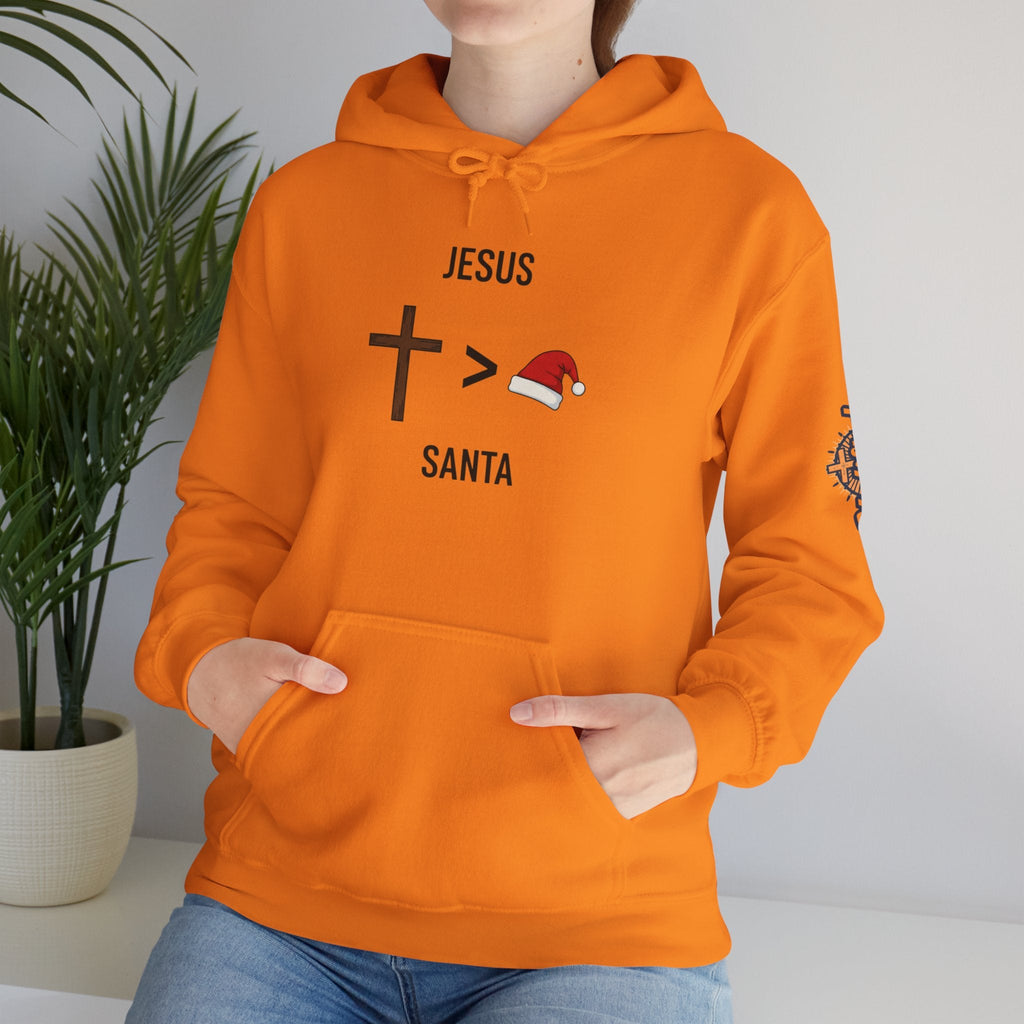 🎄 Jesus > Santa – Minimalist Christian Christmas Hoodie | Bold Faith Over Holiday Tee | Cross vs Santa Hat Design | Uplifted Gear Printify