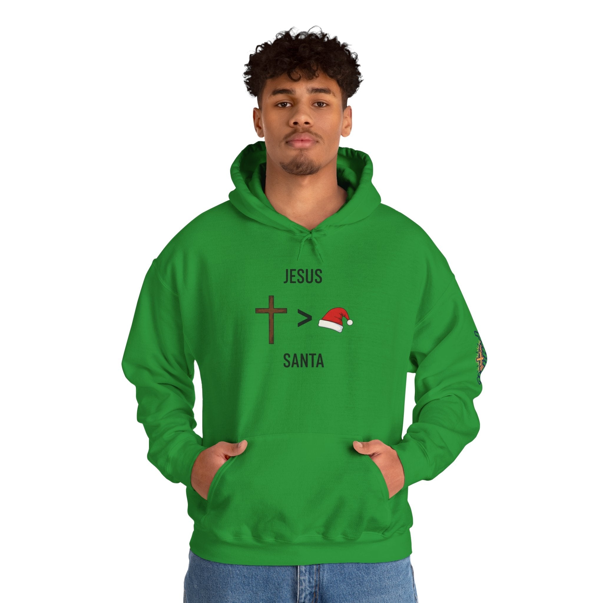 🎄 Jesus > Santa – Minimalist Christian Christmas Hoodie | Bold Faith Over Holiday Tee | Cross vs Santa Hat Design | Uplifted Gear Printify