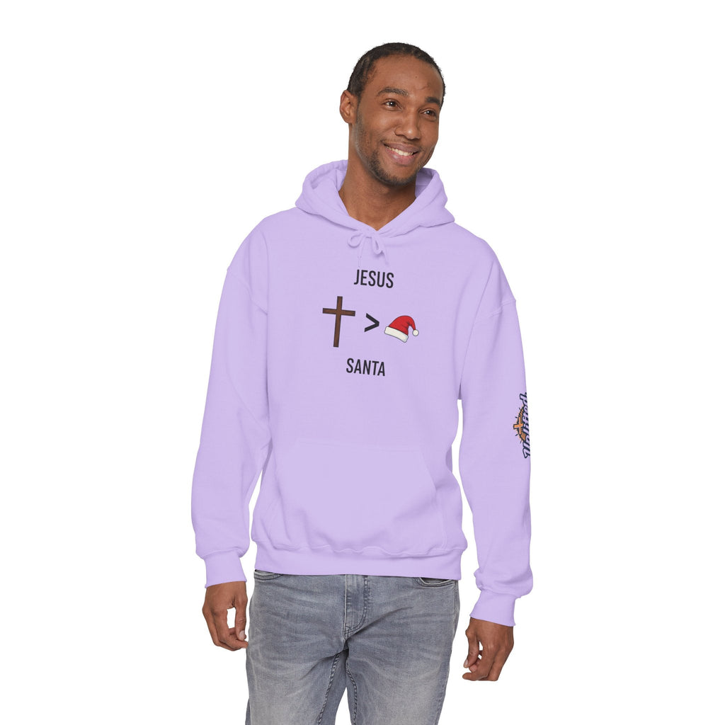 🎄 Jesus > Santa – Minimalist Christian Christmas Hoodie | Bold Faith Over Holiday Tee | Cross vs Santa Hat Design | Uplifted Gear Printify