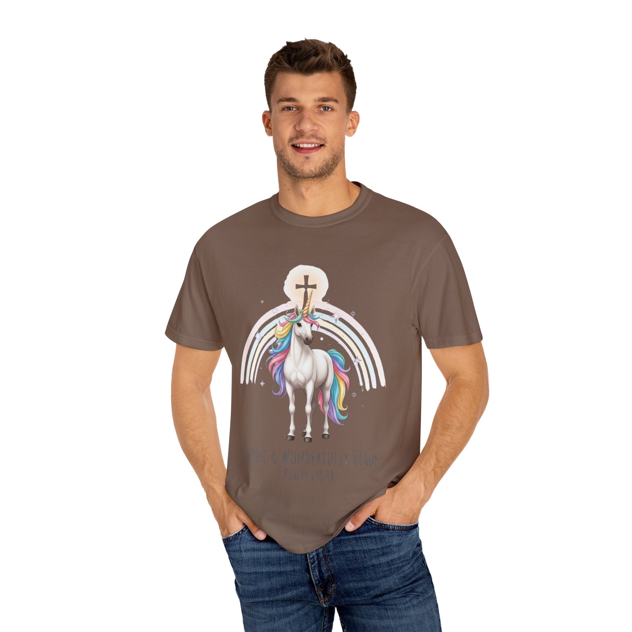 Unique Unicorn Christian T-Shirt – Wonderfully Made with Rainbow Cross & Psalm 139:14 Printify