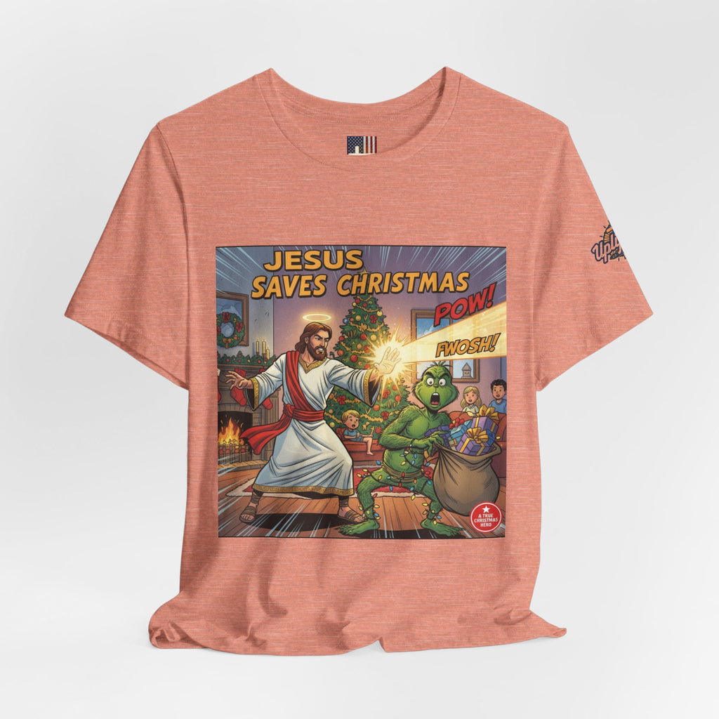 Jesus Saves Christmas T-shirt – Grinch vs Savior Light Battle Christian T-shirt for Hilarious Holiday Faith & True Joy Printify
