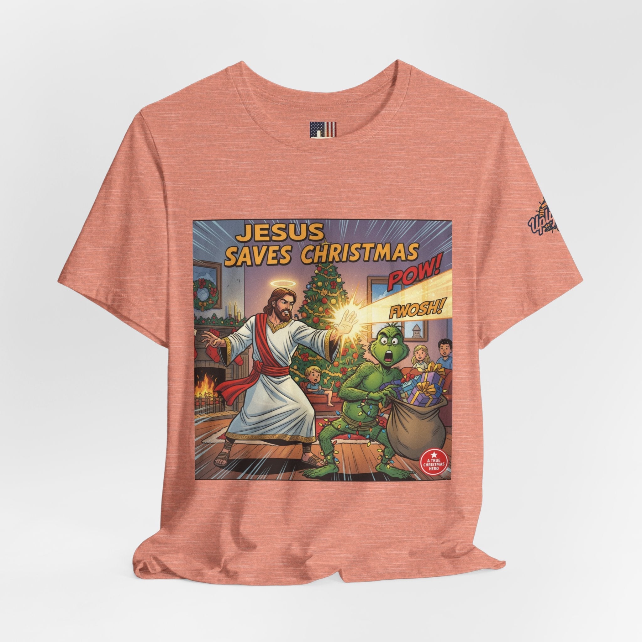 Jesus Saves Christmas T-shirt – Grinch vs Savior Light Battle Christian T-shirt for Hilarious Holiday Faith & True Joy Printify