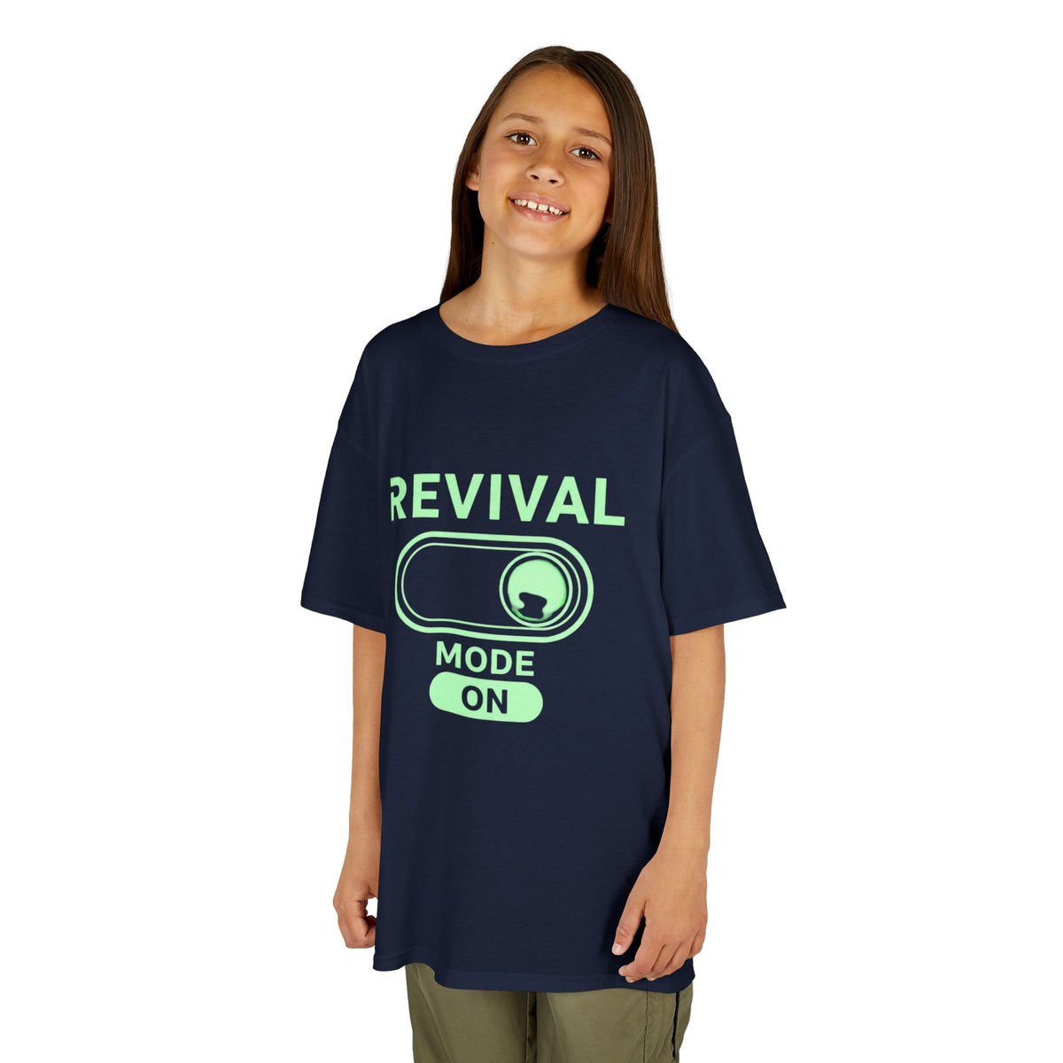 🔥 Revival Mode: ON – Christian Techwear Kids T-Shirt | Glowing Green Faith Switch | Futuristic Jesus Shirt | Activate Your Spiritual Awakening | Uplifted Gear Printify
