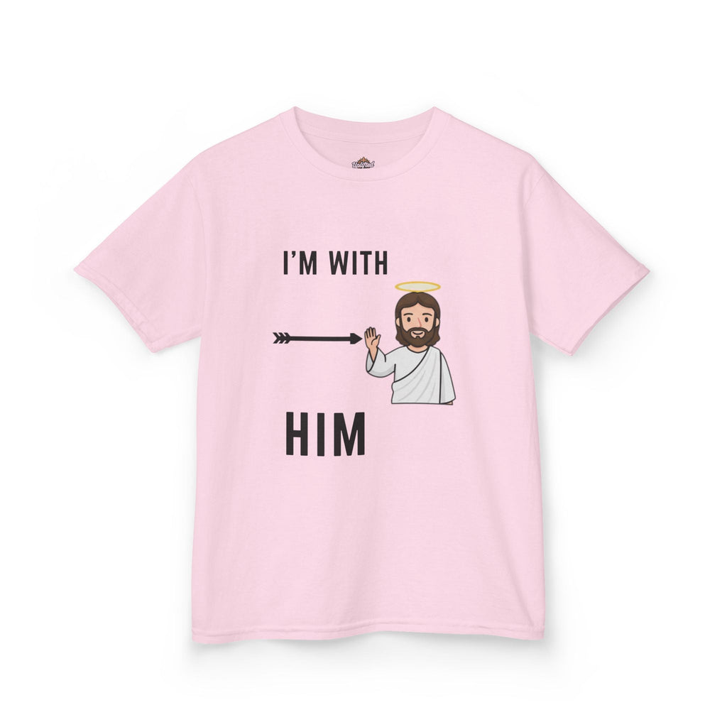 🔥 I’m With Him → Christian Kids T-Shirt | Arrow Pointing to Jesus | Minimalist Faith Tee | Subtle Cross Design | Bible-Inspired Apparel by Uplifted Gear Printify