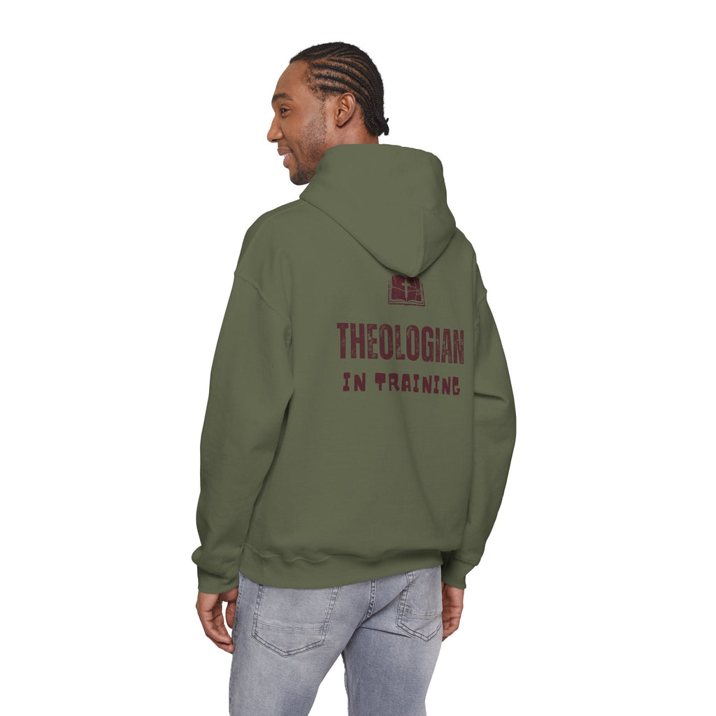 Theologian in Training Hoodie – Open Bible & Cross Christian Hoodie for Faithful Growth Printify
