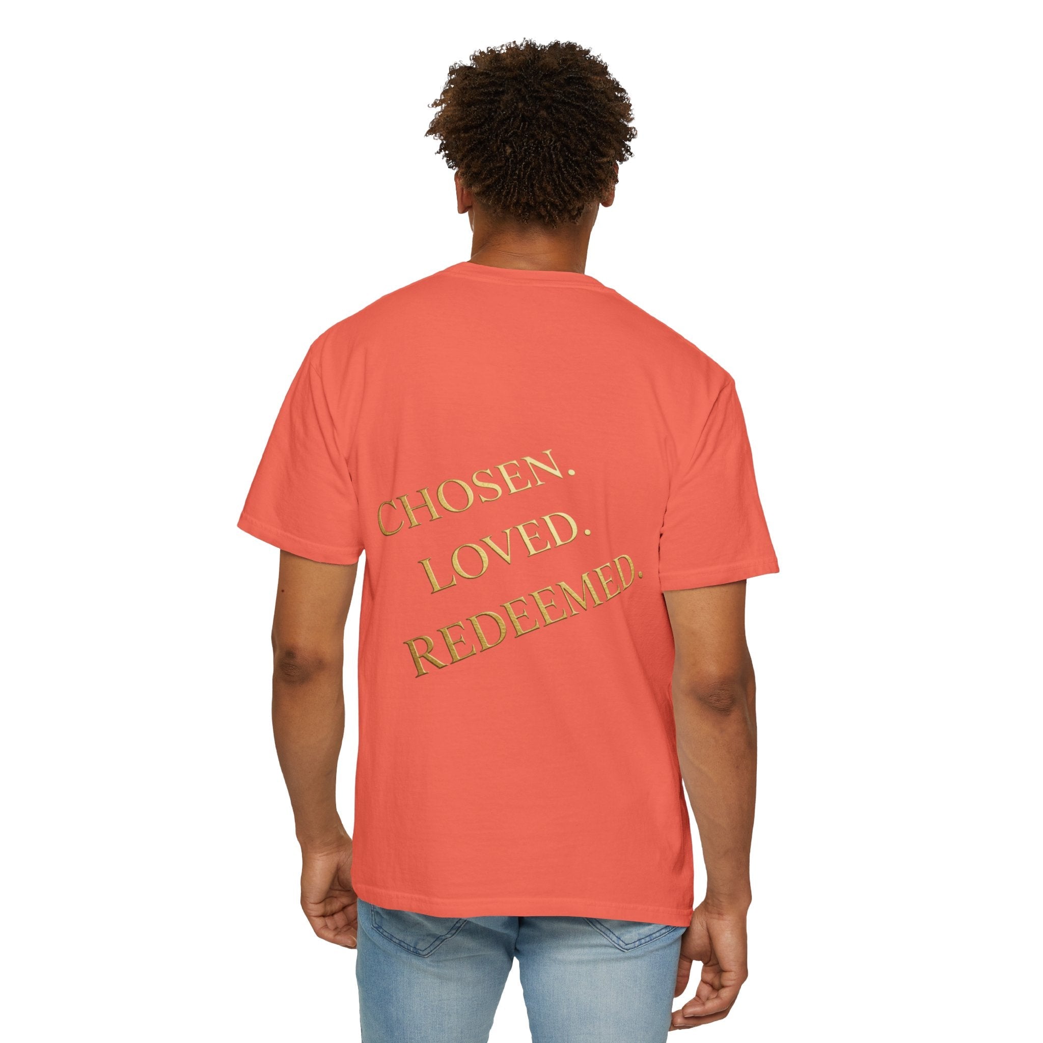 ✨ Chosen. Loved. Redeemed. – Elegant Christian T-Shirt | Gold Foil Faith Tee | Subtle Cross & Heart Design | Inspirational Bible Verse Apparel by Uplifted Gear Printify