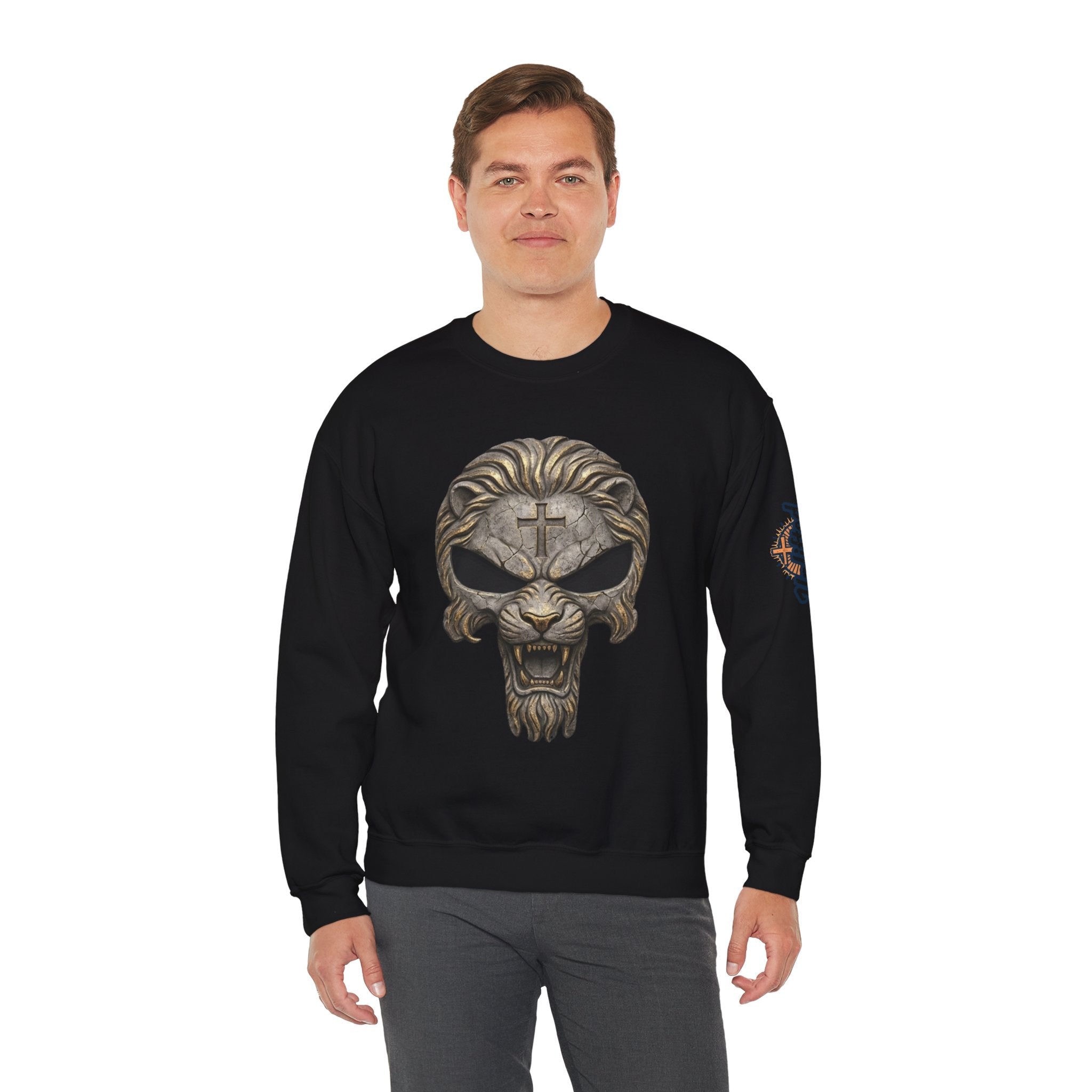 Lion of Judah Skull Christian Sweatshirt - Warrior Faith Cross Sweatshirt Printify