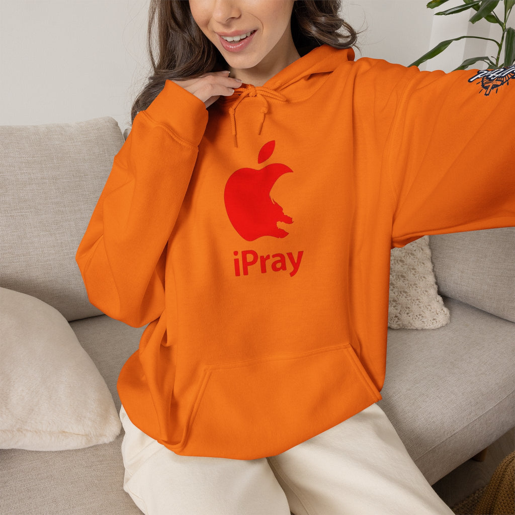 iPray Apple Logo Hoodie — Funny Christian Hoodie (Minimal Red Apple Graphic) Printify