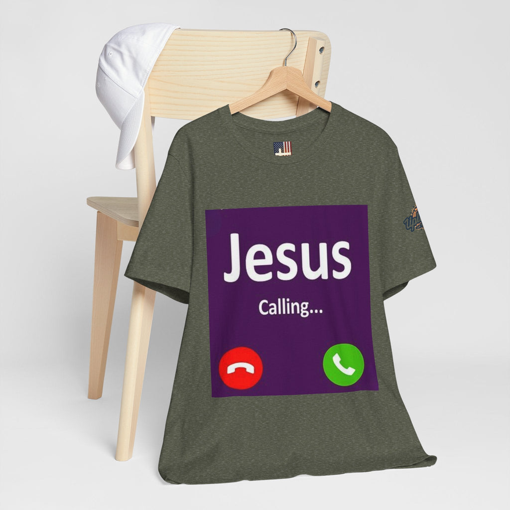 Jesus Calling T-shirt – Funny Cell Phone Screen Christian T-shirt for Divine Connection & Faith Humor Printify