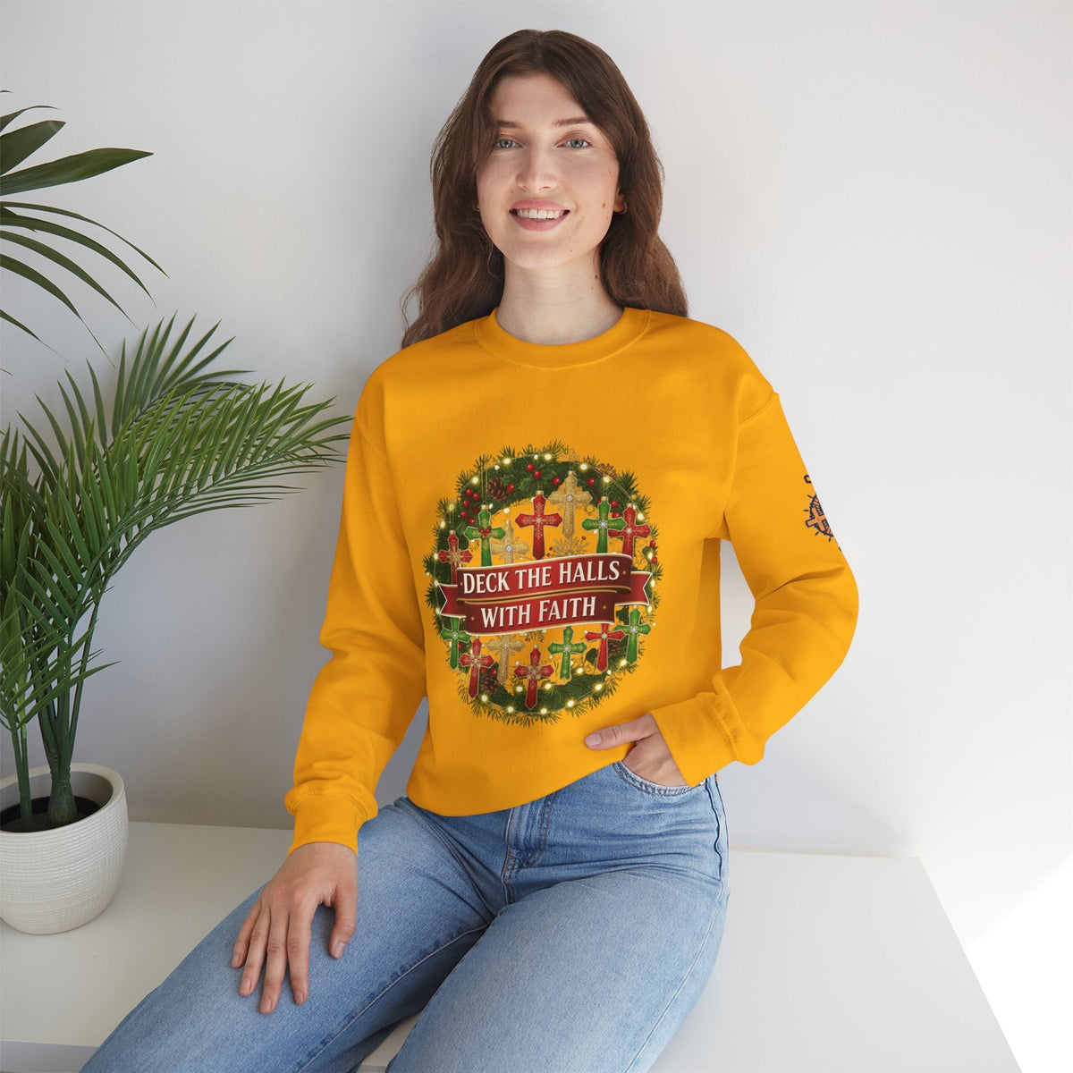 🎄 Deck the Halls with Faith – Christian Christmas Sweatshirt | Cross Ornament Design & Festive Garland | Bold Holiday Faith Tee by Uplifted Gear Printify