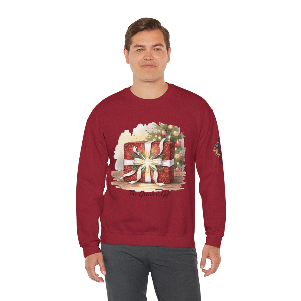 The Greatest Gift Sweatshirt – Cross Bow Present Christian Sweatshirt for Christmas Salvation & Eternal Faith Printify