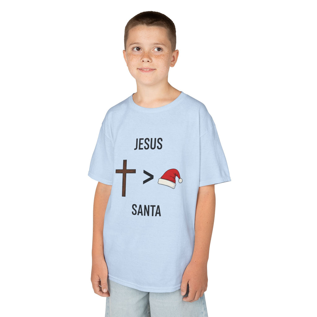 🎄 Jesus > Santa – Minimalist Christian Christmas Kids T-Shirt | Bold Faith Over Holiday Tee | Cross vs Santa Hat Design | Uplifted Gear Printify