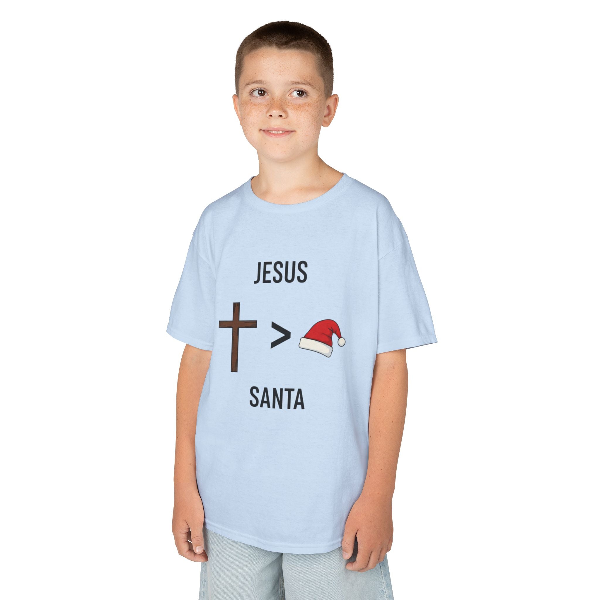 🎄 Jesus > Santa – Minimalist Christian Christmas Kids T-Shirt | Bold Faith Over Holiday Tee | Cross vs Santa Hat Design | Uplifted Gear Printify
