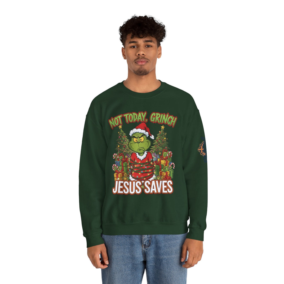 🎄 Not Today, Grinch – Jesus Saves | Funny Christian Christmas Sweatshirt | Sulking Grinch & Glowing Cross | Bold Neon Faith Tee by Uplifted Gear Printify