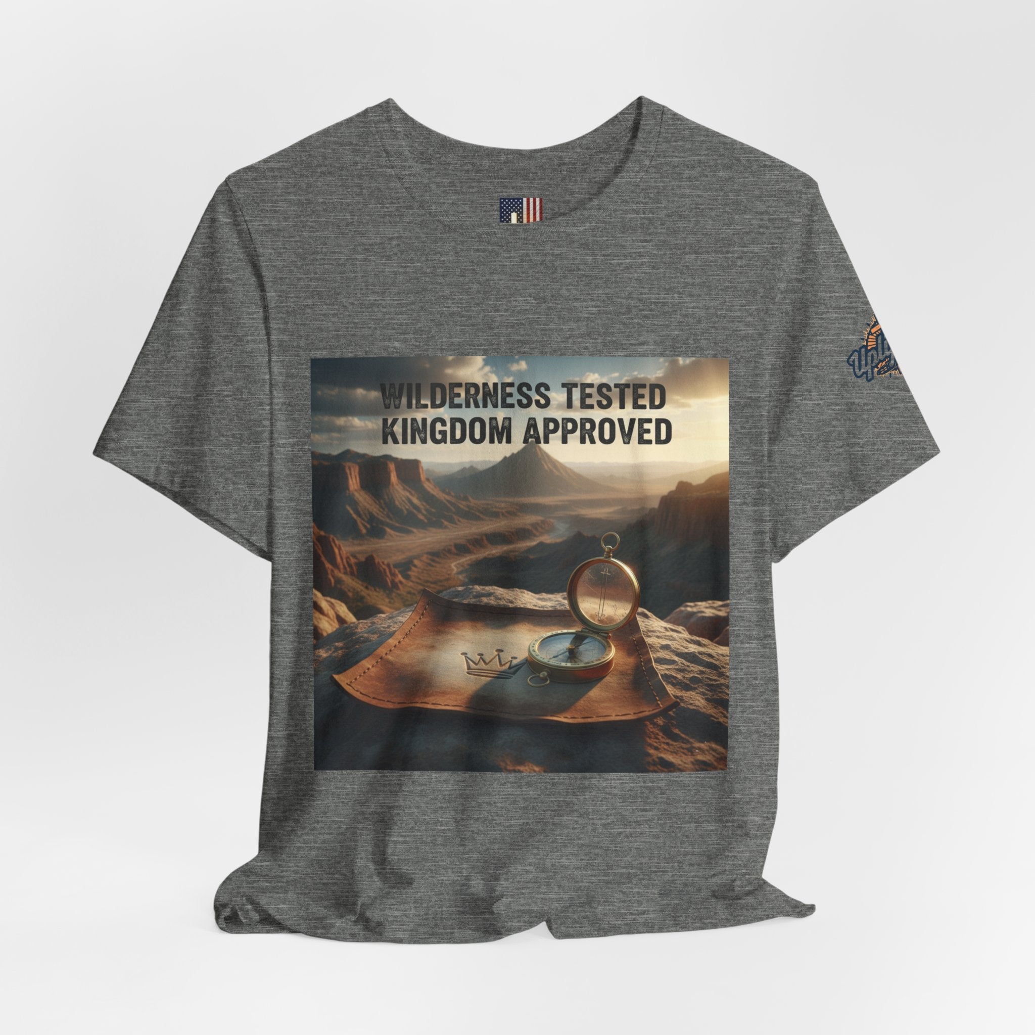 Wilderness Tested Kingdom Approved T-shirt – Mountain Desert Compass Crown Christian T-shirt for Biblical Adventure Faith Printify