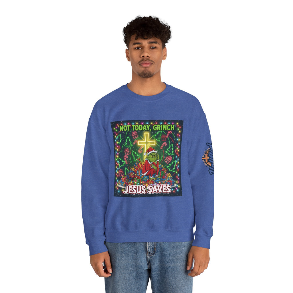 🎄 Not Today, Grinch – Jesus Saves | Funny Christian Christmas Sweatshirt | Festive Green & Red Cartoon Style | Bold Faith Holiday Tee by Uplifted Gear Printify