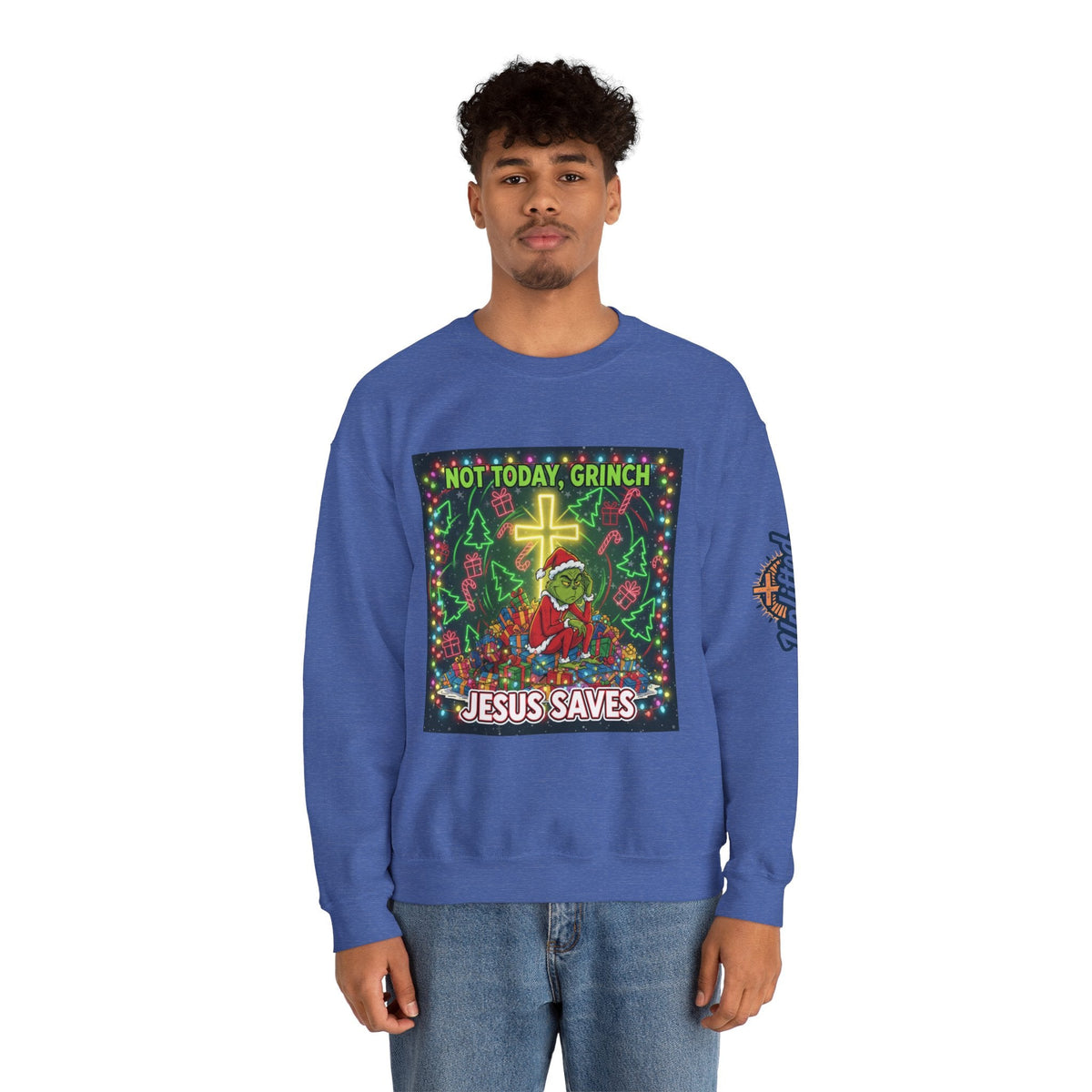 🎄 Not Today, Grinch – Jesus Saves | Funny Christian Christmas Sweatshirt | Festive Green & Red Cartoon Style | Bold Faith Holiday Tee by Uplifted Gear Printify