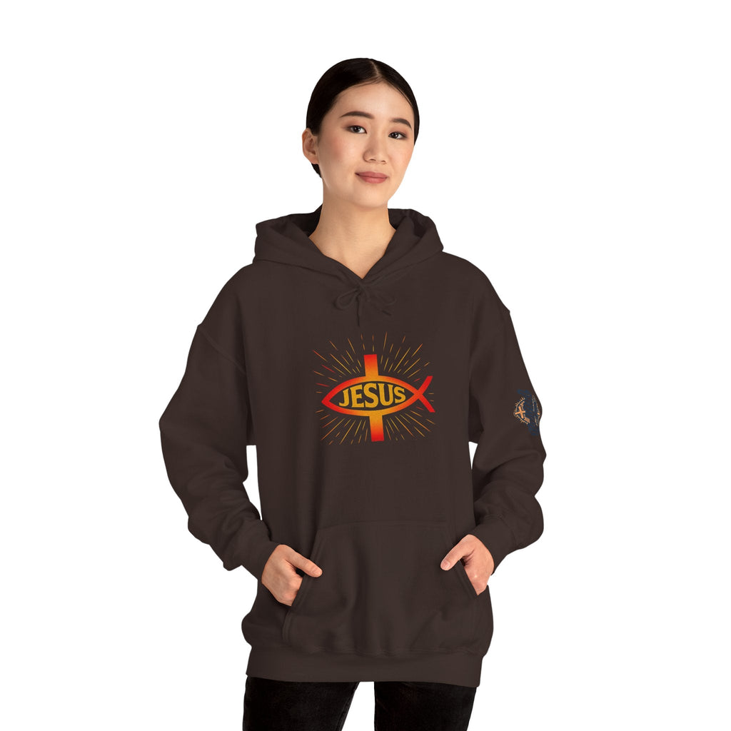 Jesus Ichthys Hoodie – Christian Fish Symbol with Cross & Jesus Inscription Sweatshirt for Eternal Faith & Streetwear Printify