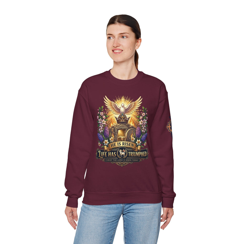 He Is Risen "Life Has Triumphed" Sweatshirt — Easter Resurrection Christian Sweatshirt Printify