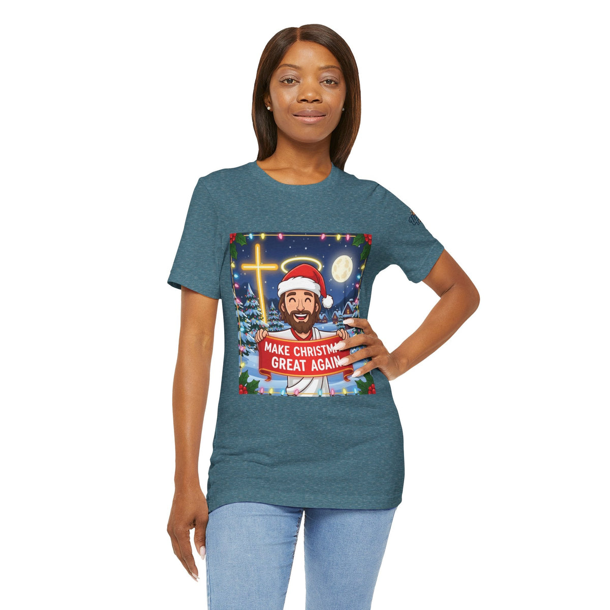 🎄 Make Christmas Great Again – Funny Christian T-Shirt | Jesus Holding Banner | Faith-Based Holiday Parody Tee | Uplifted Gear Printify