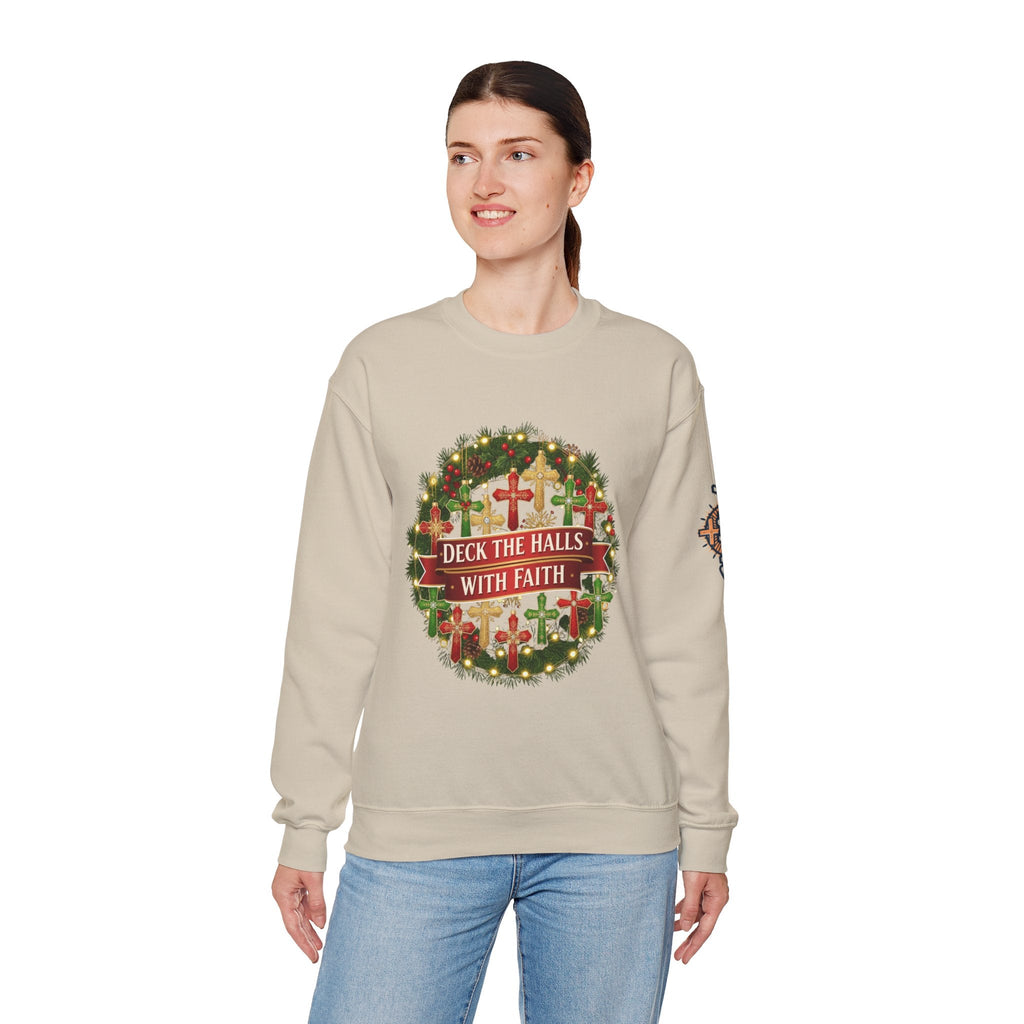 🎄 Deck the Halls with Faith – Christian Christmas Sweatshirt | Cross Ornament Design & Festive Garland | Bold Holiday Faith Tee by Uplifted Gear Printify