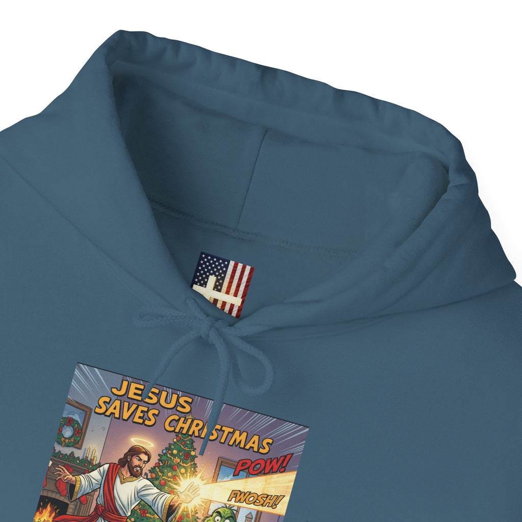 Jesus Saves Christmas Hoodie – Grinch vs Savior Light Battle Christian Sweatshirt for Hilarious Holiday Faith & True Joy Printify
