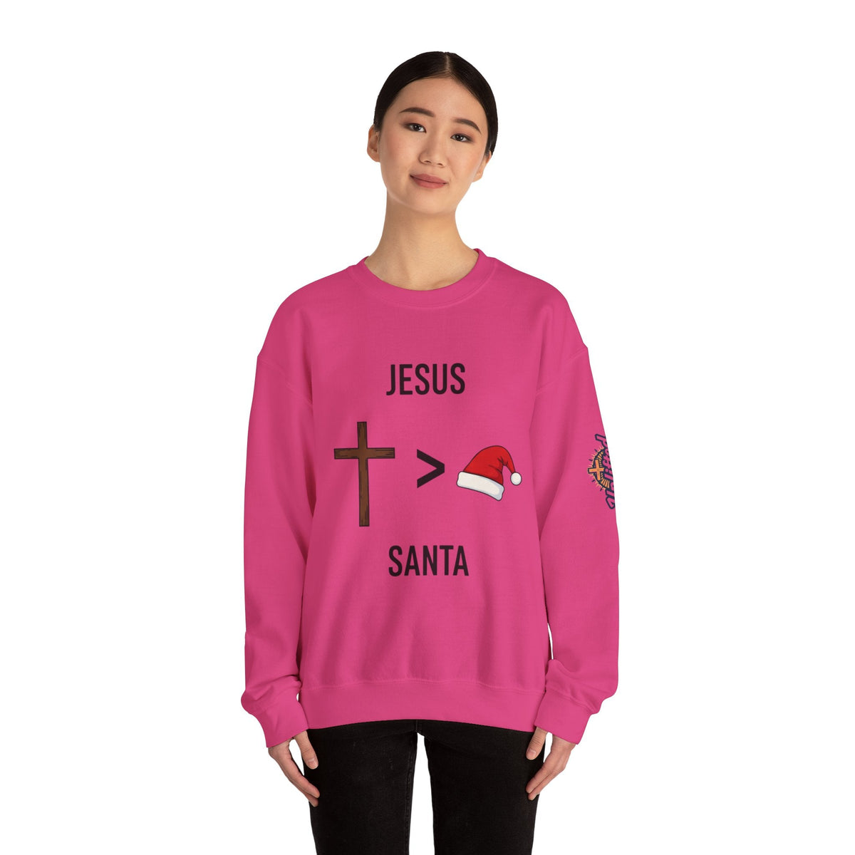 🎄 Jesus > Santa – Minimalist Christian Christmas Sweatshirt | Bold Faith Over Holiday Tee | Cross vs Santa Hat Design | Uplifted Gear Printify