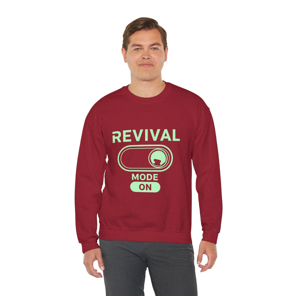 🔥 Revival Mode: ON – Christian Techwear Sweatshirt | Glowing Green Faith Switch | Futuristic Jesus Shirt | Activate Your Spiritual Awakening | Uplifted Gear Printify