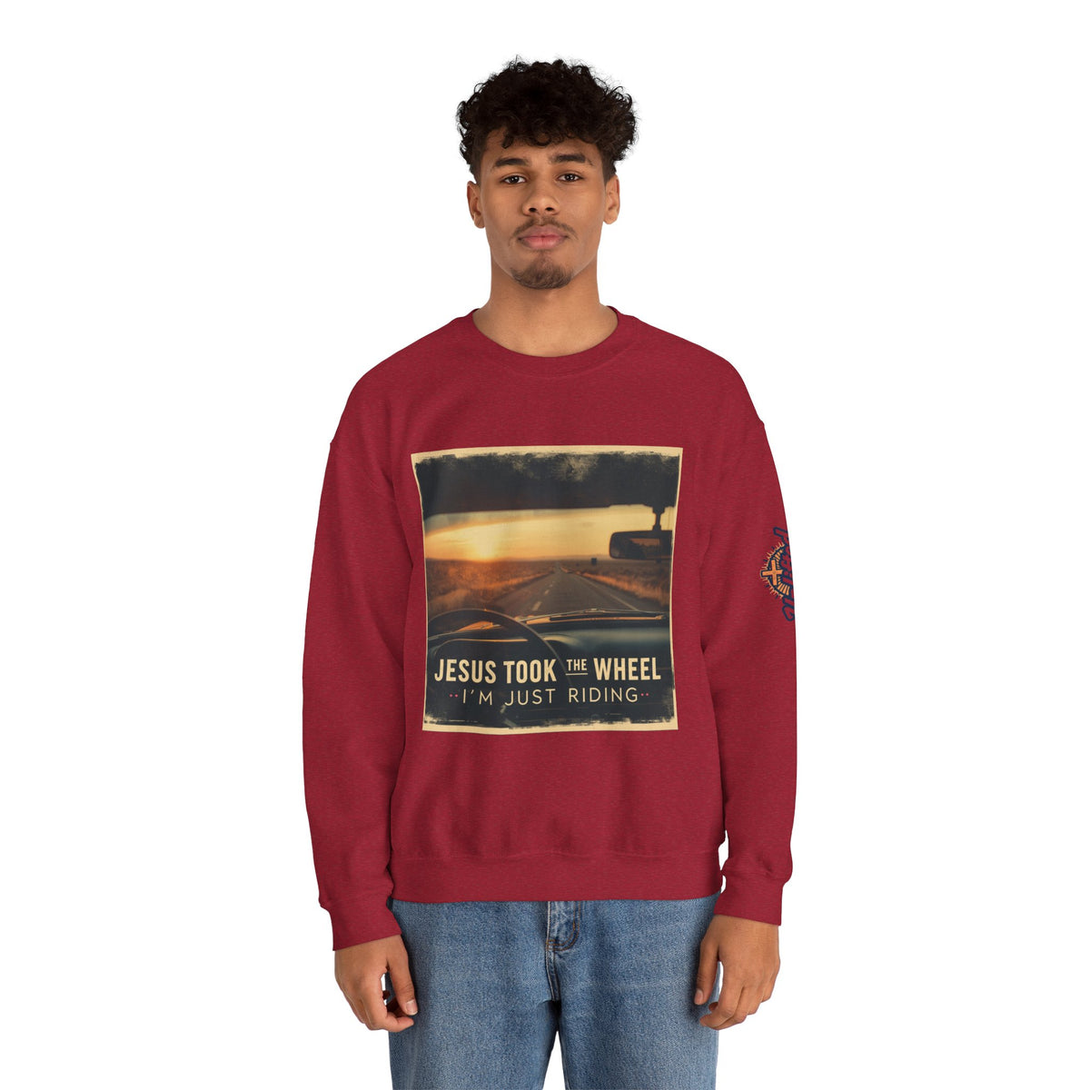 Jesus Took the Wheel I'm Just Riding Sweatshirt – Funny Christian Convertible Car Sweatshirt for Surrendered Faith & Humor