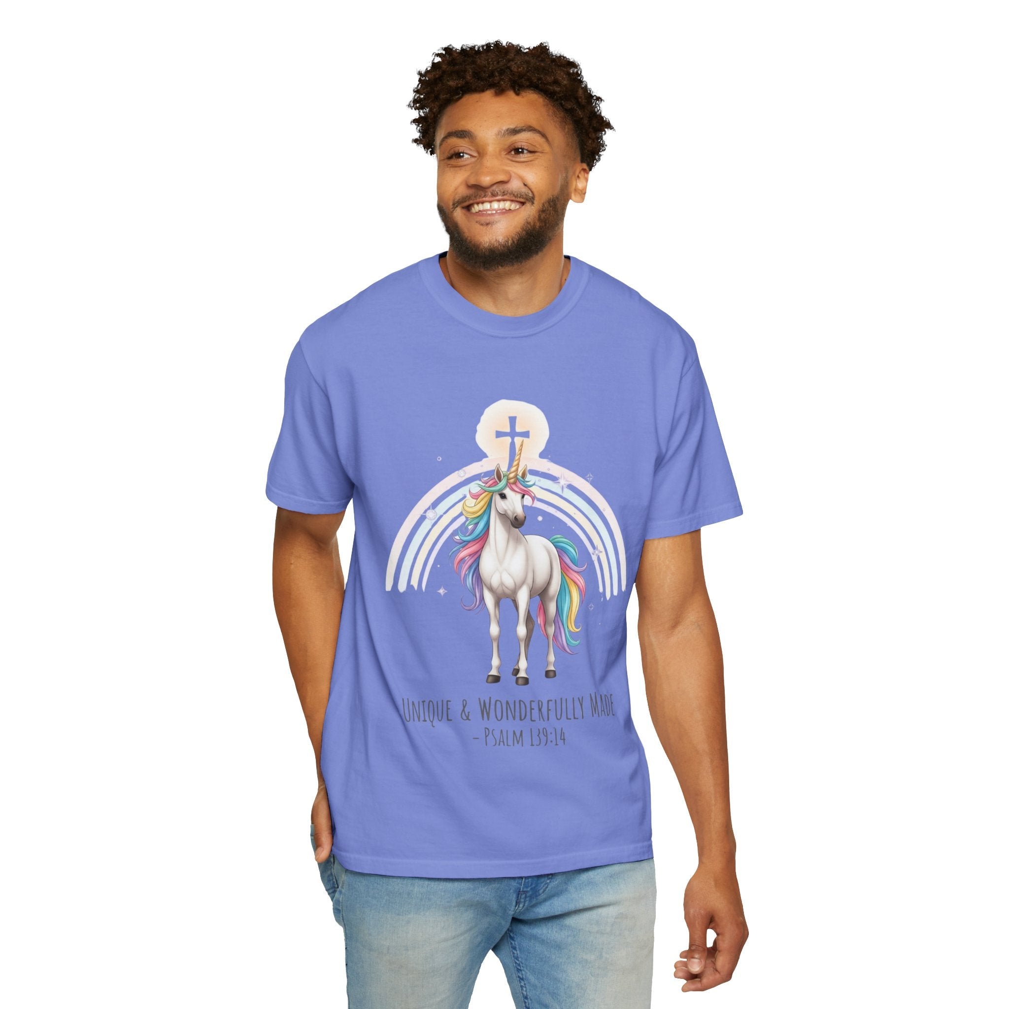 Unique Unicorn Christian T-Shirt – Wonderfully Made with Rainbow Cross & Psalm 139:14 Printify