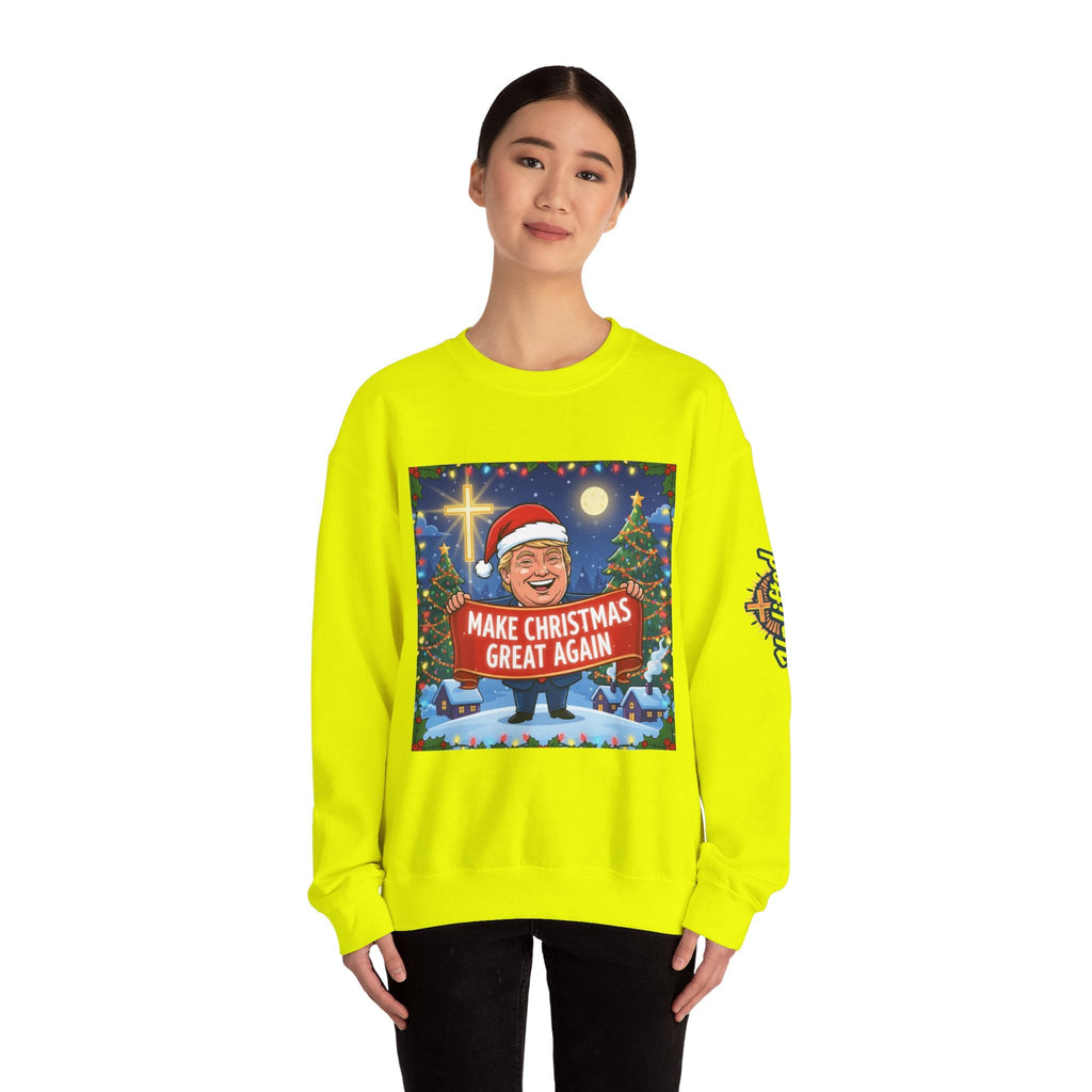 🎄 Make Christmas Great Again – Patriotic Christian Christmas Sweatshirt | Bold Holiday Faith Tee | Red & White Banner Design | Uplifted Gear Printify