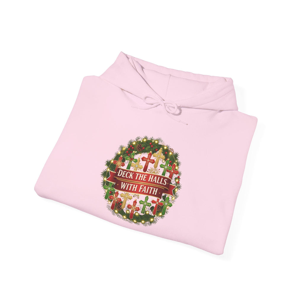 🎄 Deck the Halls with Faith – Christian Christmas Hoodie | Cross Ornament Design & Festive Garland | Bold Holiday Faith Tee by Uplifted Gear Printify