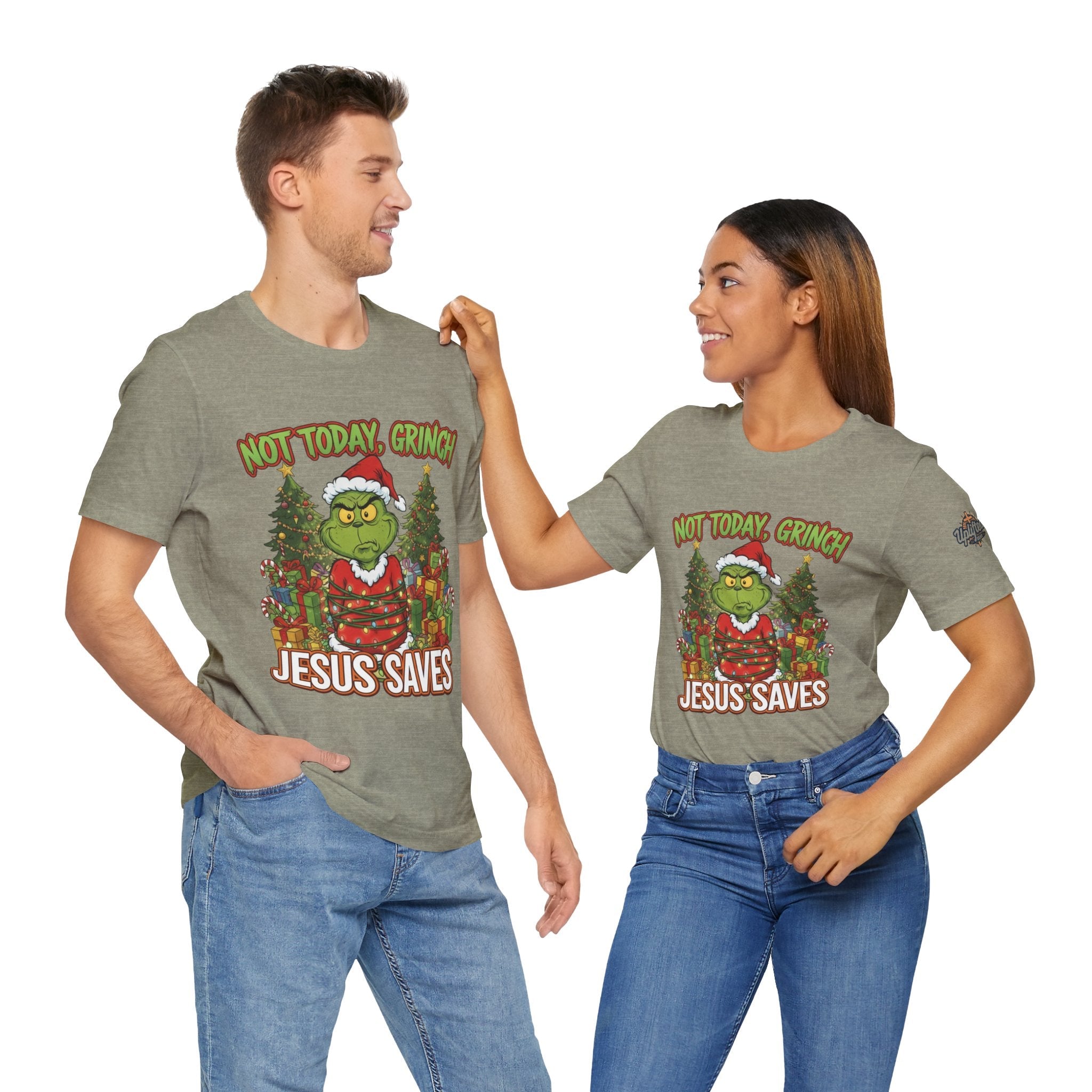 🎄 Not Today, Grinch – Jesus Saves | Funny Christian Christmas T-Shirt | Sulking Grinch & Glowing Cross | Bold Neon Faith Tee by Uplifted Gear Printify