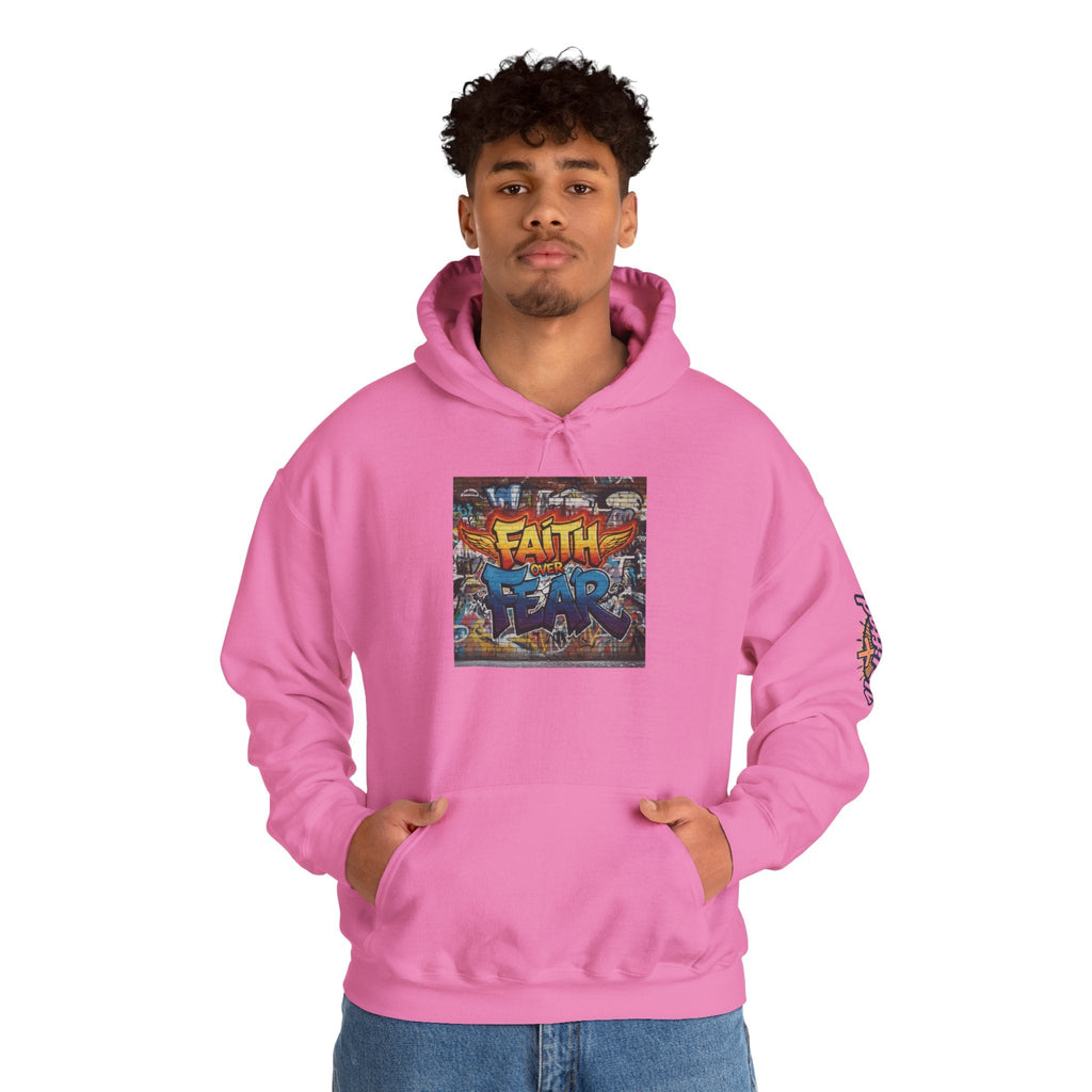 Faith Over Fear Hoodie – Graffiti Wall Christian Sweatshirt for Bold 2 Corinthians 5:7 Streetwear & Unshakable Faith Printify
