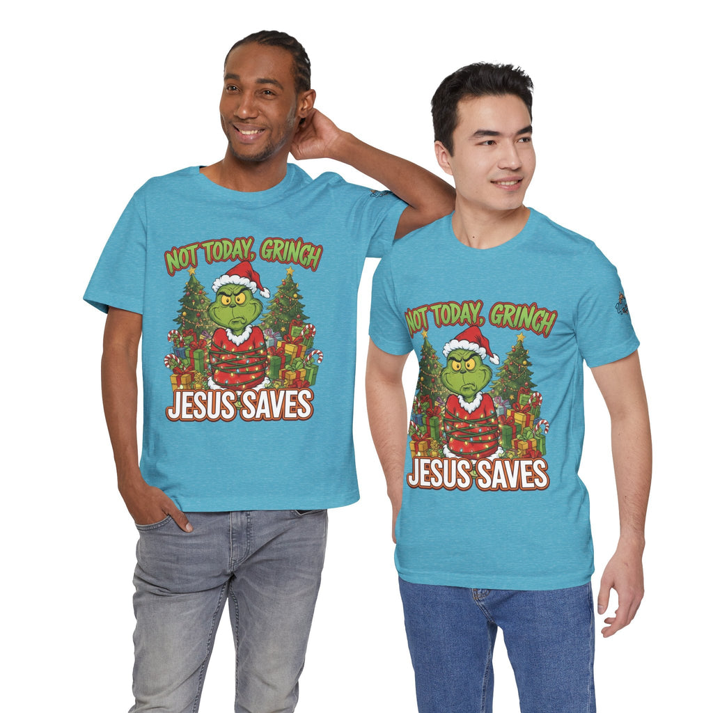 🎄 Not Today, Grinch – Jesus Saves | Funny Christian Christmas T-Shirt | Sulking Grinch & Glowing Cross | Bold Neon Faith Tee by Uplifted Gear Printify