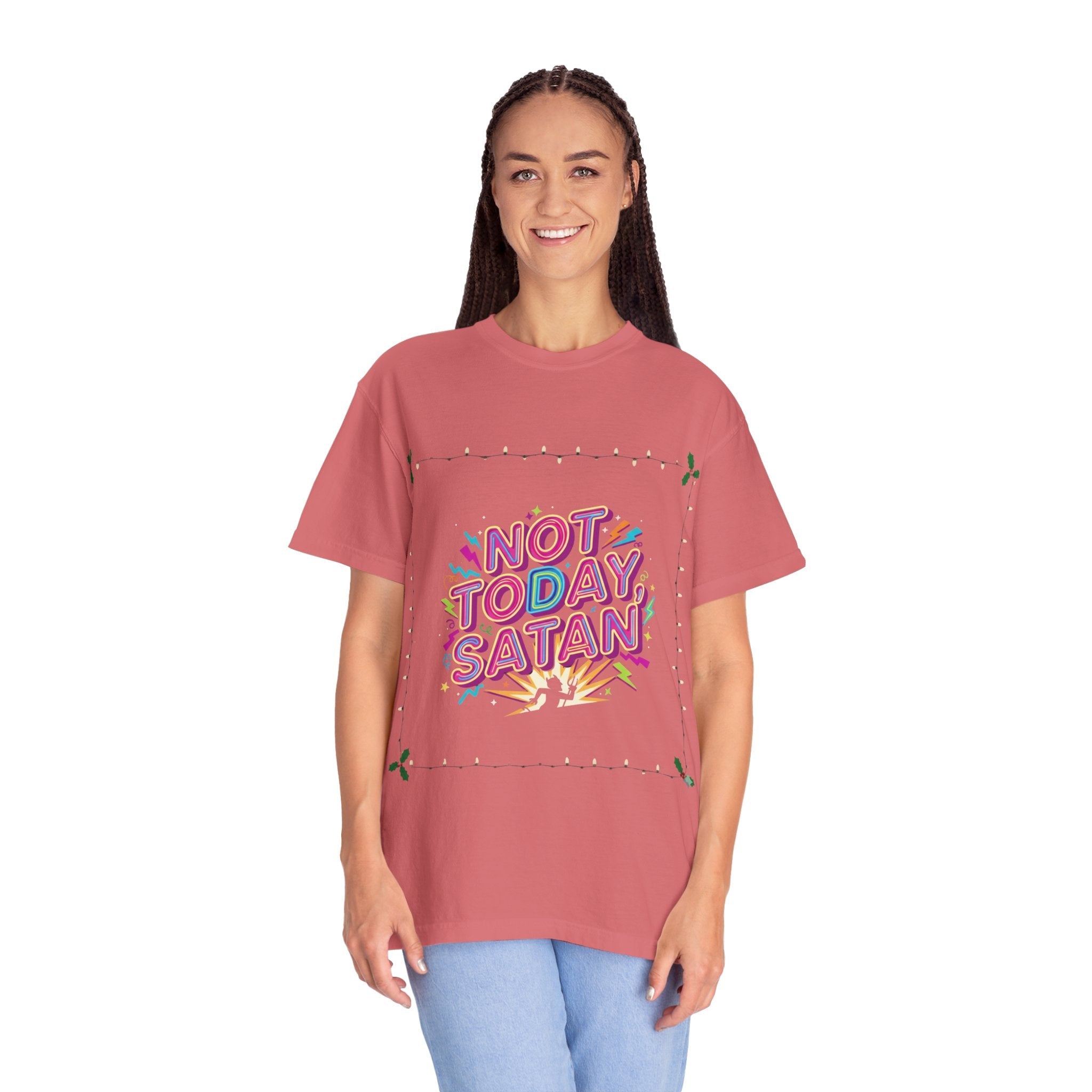🔥 Not Today, Satan – Retro 90s Christian T-Shirt | Neon Faith Tee | Funky Cartoon Devil | Bold Bible Verse Shirt | Uplifted Gear Printify